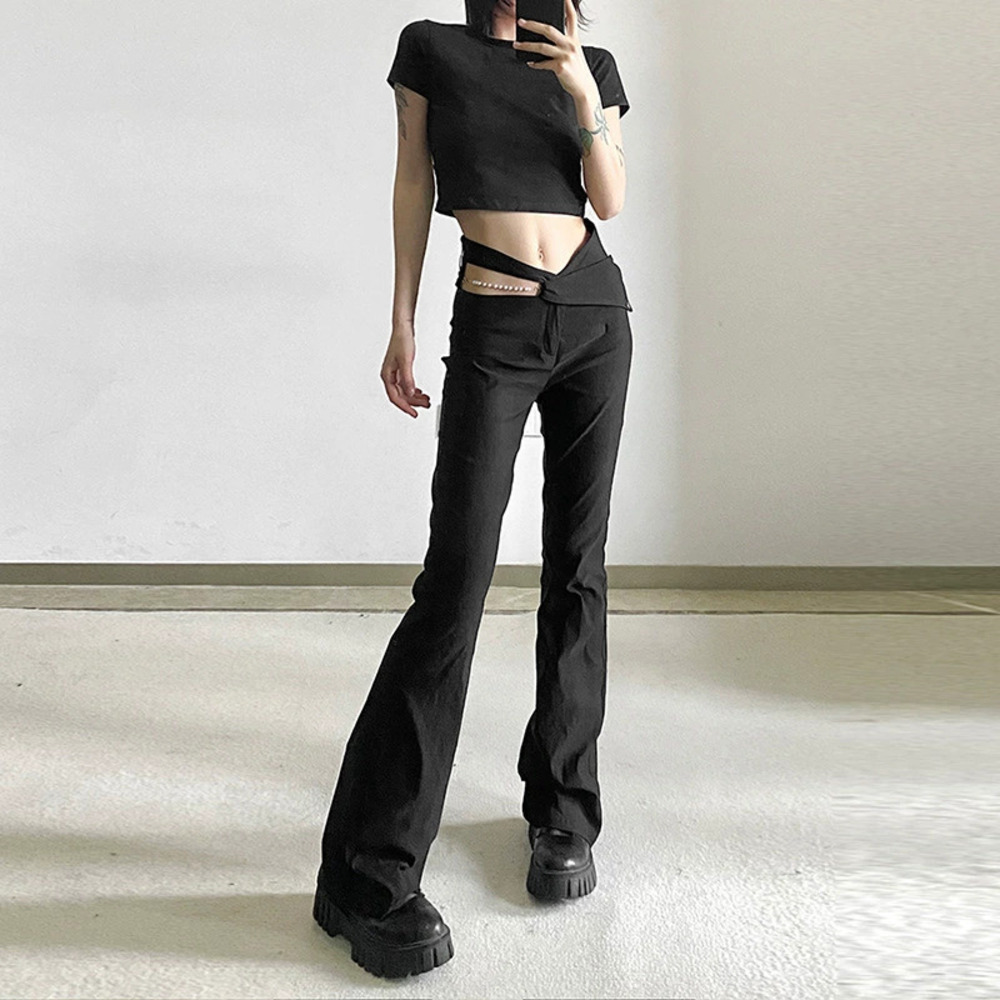 ZARA Spring Summer Street High Waist Slimming Pearl Chain Casual Pants Cutout